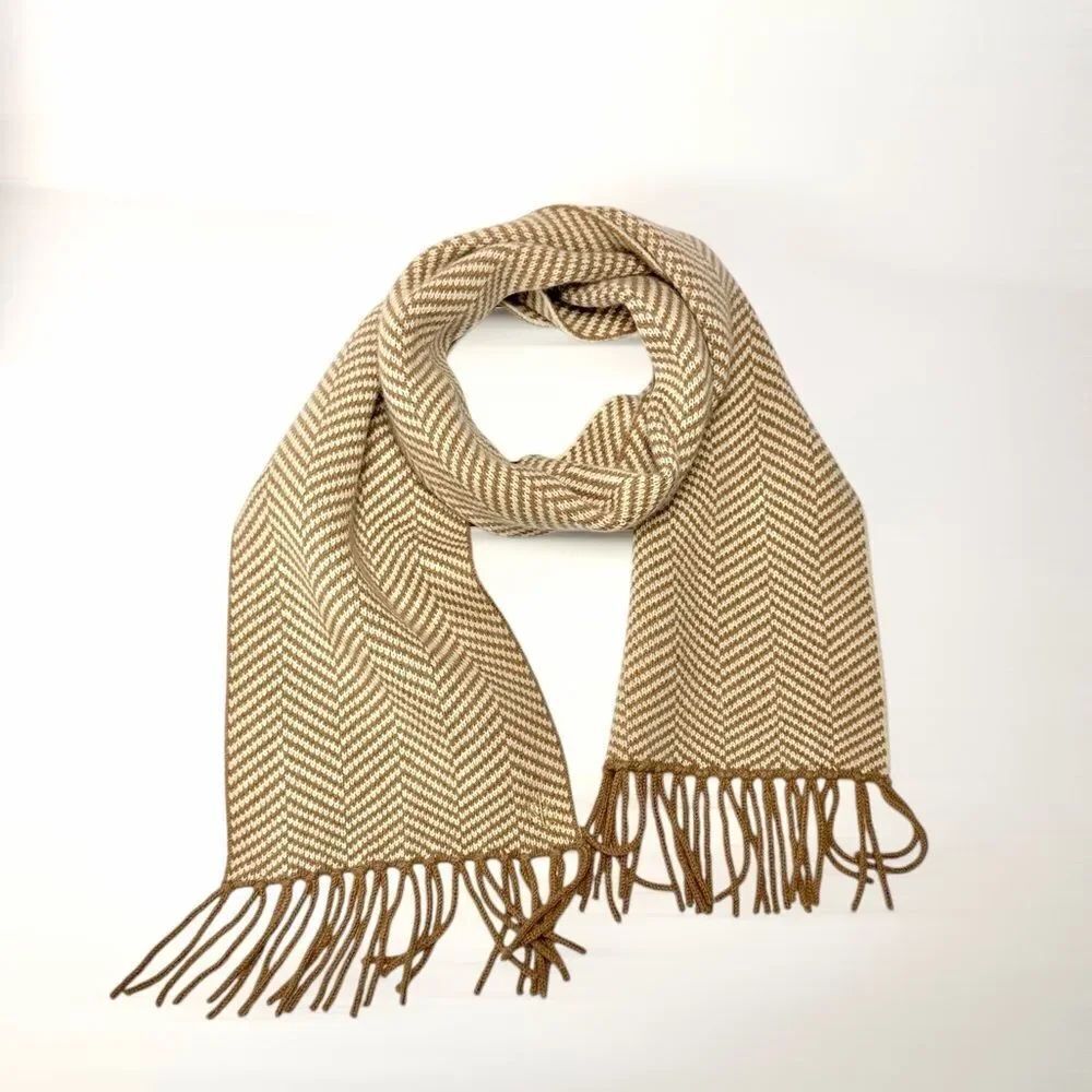 Lauren Ralph Lauren Wool Herringbone Scarf Tan Beige With Fridges Men's Women's